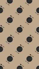 pattern. kitchen utensils on a brown background. fork, spoon, plate. Template for surface application. Flat lay. Vertical image. 3D image. 3D rendering.