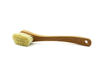 Eco friendly plant based cleaning brush, bamboo kitchen scrub brush isolated on white background. Zero waste food cleaning, plastic free items, sustainable lifestyle concept. 