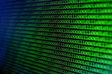 Binary Code Background. Technology abstract green background, green binary code on computer screen texture background. An image of a binary code made up of a set of green digits on a black background