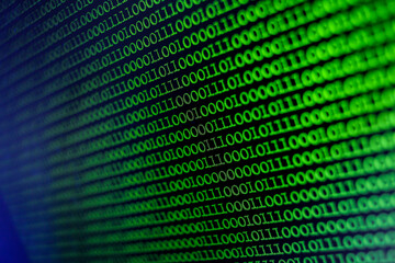 Binary Code Background. Technology abstract green background, green binary code on computer screen texture background. An image of a binary code made up of a set of green digits on a black background - obrazy, fototapety, plakaty