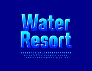 Vector glossy emblem Water Resort. Modern Blue Font. Artistic Alphabet Letters and Numbers