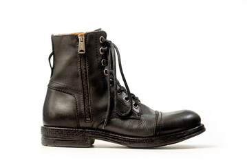 High black man's leather boots. Isolated on a white background.