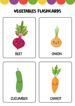 Cute cartoon vegetables with names. Flashcards for children.