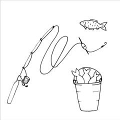 a set of fishing doodles, a doodle rod, a fish, a fishing rod and a bucket of fish, vector, isolated on a white background