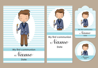 First communion card, bookmark, label and sticker set for children	