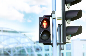 Red traffic light. Danger symbol,stop sign.Road sign. Pedestrian warning.