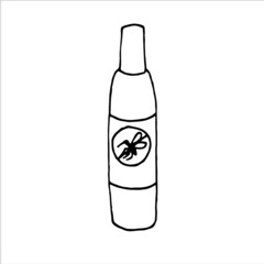 Insect repellent spray camping outline vector. Mosquitoes and biting midges attack black and white illustration. Pest control, Natural mosquito repellent aerosol doodle