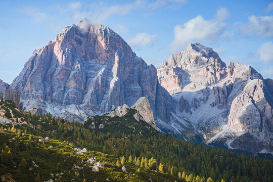 the tofane group: one of the most famous and spectacular mountains in the dolomites, near the town of Cortina d'Ampezzo - October 2021.