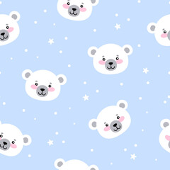 Seamless pattern of cute bears. Cartoon polar bears and stars on a blue background. Vector illustration.