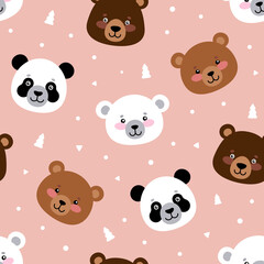 Seamless pattern of cute bears. Cartoon portraits of different species of bears: brown, white or polar, panda, grizzly on a pink background. Vector illustration.