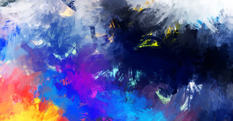 Painted composition with vibrant brush strokes. Textured colorful painting. Paint brushed wallpaper.