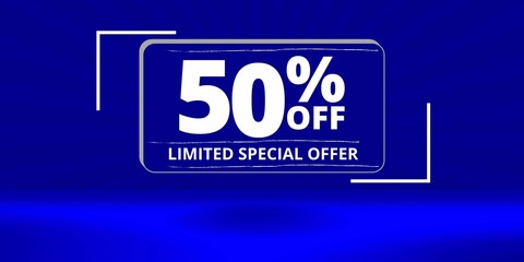 50% off limited special offer. Banner with fifty percent discount on a blue background with white square and blue