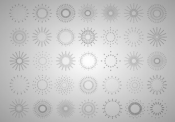 Sunburst set. Vintage sunrise collection.  Vector light rays elements. Firework explosion, stars, emblem, logo, tag. Vector Illustration 