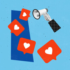 Contemporary art collage. Megaphone and social media likes isolated over blue background. Internet...