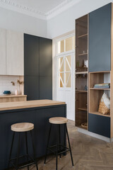 Kitchen wardrobe, storage furniture and wooden cabinet in upscale interior