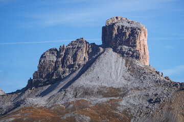 the peaks of the dolomites during autumn, one of the many unesco sites in the italian alps, near the town of Cortina d'ampezzo, Italy - October 2021.