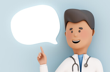 Cartoon doctor pointing at empty speech bubble – 3D character with stethoscope isolated on white