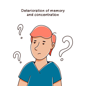 Decreased Concentration And Memory Concept. Memory Impairment. Consequences Of Covid 19.Vector Hand Drawn Illustration