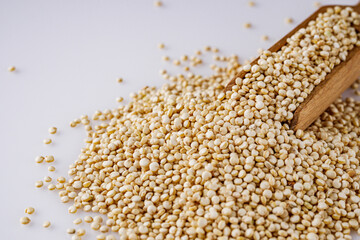 white quinoa seeds on a white acrylic background
