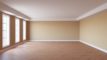 Empty Room with Light Beige Walls, Cornice, Three Large Windows, Parquet Floor and a White Plinth. 3d illustration with a Work Path on the Windows. 8K Ultra HD, 7680x4320, 300 dpi