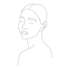 The woman's face draws a single line on a white isolated background. Vector illustration. A woman's face. Portrait of minimalism. Boho.
