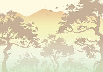 Morning wood panorama, pine trees and mountains silhouettes. Vector forest hiking background. Landscape in pastel colors trees in the fog. Forest in the fog against the backdrop of mountains
