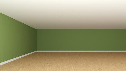 Beautiful Empty Room Corner without Furniture, Frontal View. Interior Concept with Green Walls, White Ceiling, Wooden Parquet Floor and a White Plinth. 3d illustration, 8K Ultra HD, 7680x4320, 300 dpi