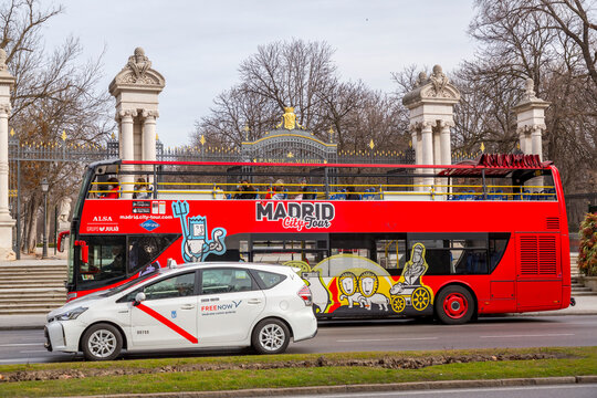 Madrid City Tour Bus in the streets of Madrid, Spain