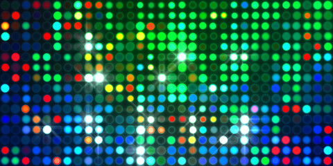 Glowing pattern wallpaper. Glamour background of colorful lights with spotlights. Shining lights party leds on black background. Digital illustration of stage or stadium spotlights.