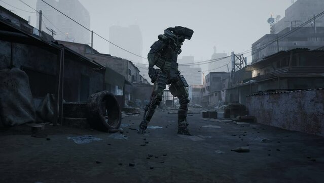 A cyber soldier prepares to tour the slums in the old city district. The old district of the city and abandoned shacks in a foggy city. The animation is perfect for apocalyptic and sci-fi backgrounds.
