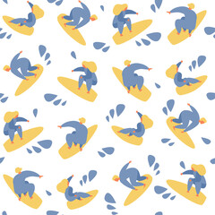 Surfers with surfboards and water splash seamless pattern, abstract simple flat wave rides, boys and girls summer outdoors activities. Surfing sport extreme action wallpaper