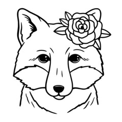 Cute Fox with rose. Floral fox Line Art. Fox sketch vector illustration on white background. Hand-drawn portrait of fox's head. Good for posters, t shirts, postcards.