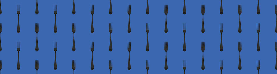 pattern. Fork top view on blue background. Template for applying to surface. Flat lay. Banner for insertion into site. 3D image. 3D rendering.