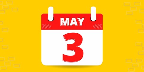 3th day of the calendar. Banner with three on an yellow background with a white calendar