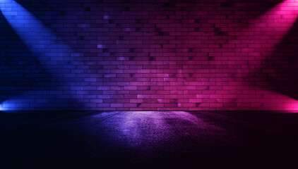 Rays neon light on neon brick wall with smoke