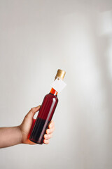 Male hand holds little bottle of red semisweet sweet or dry wine with no brand label, mockup template. Vertical shot, white background
