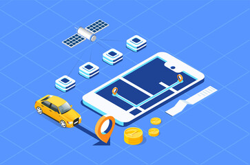 Fototapeta na wymiar Modern Technology GPS navigation app concept in isometric vector illustration. Smartphone application for global positioning system.Suitable for Diagrams, Infographics, And Other Graphic asset