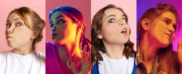 Set of close-up faces of multiethnic young funny girls crushed on glass isolated on colored background. Concept of human emotions, diversity.