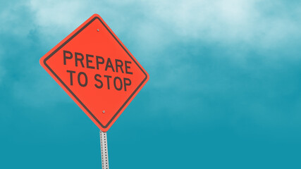 3D Illustration of Orange Prepare to Stop Directional Road Sign Isolated on Blue Sky Background with Clouds