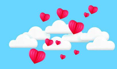 3D Flying hearts. Blue sky, white clouds and voluminous red hearts. Holiday background for Valentine's day, Wedding, Mother's Day