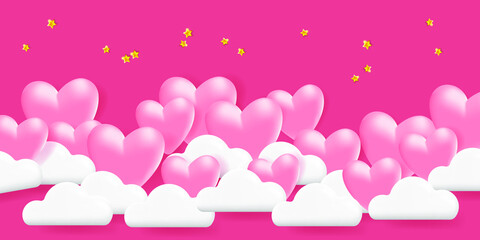 Festive background with 3d pink hearts and white clouds. Design for Valentine's day, Wedding, Mother's Day