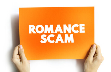 Romance scam text quote on card, concept background
