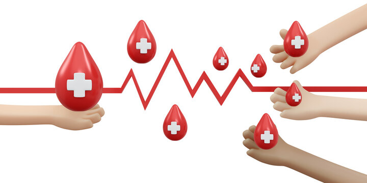 3D Rendering of hand holding blood drop with red cross sign and lifeline background, banner, card, poster concept of world blood donation day. 3D Render illustration cartoon style.