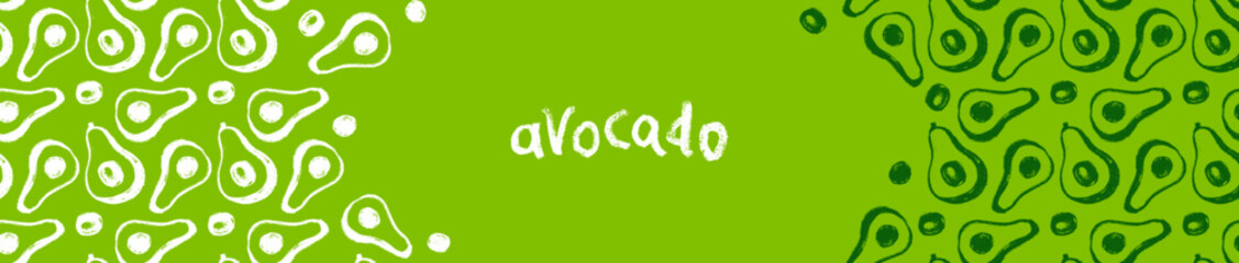 Vector banner template with avocado pattern for healthy food website, organic cosmetics products. Hand drawn Avocados  for vegetarian cooking shop design, label, badge, packaging. Trendy ingredients.