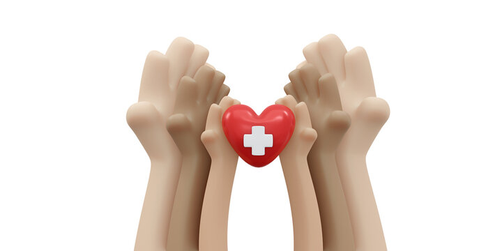 3D Rendering of hand holding heart with red cross sign background, banner, card, poster with text inscription concept of world organ donation day, blood donation. 3D Render illustration cartoon style.