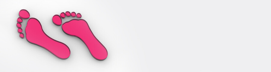 two red glass bare footprints. bare footprint close up. Banner for insertion into site. Horizontal image. 3D image. 3D rendering.