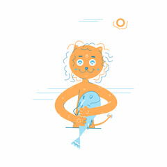 Colorful lion cube holding a big fish, dolphin in paws. Smiling funny childish little lion hugging a small whale on sunny bright day, standing under small sun and among clouds, waves.