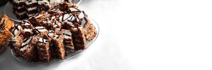 cake in a tray on the table. sweet dessert on a white background. holiday table concept. sweet treat illustration. slices of delicious cake in a bowl