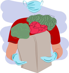 Continuous one line drawing of young man holding grocery bag in medical rubber gloves and mask. Hand drawn style vector design illustrations. Vector illustration
