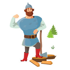 Russian hero in an old military uniform stands in the pose of a lumberjack with an ax over logs of firewood. The concept of forceful problem solving